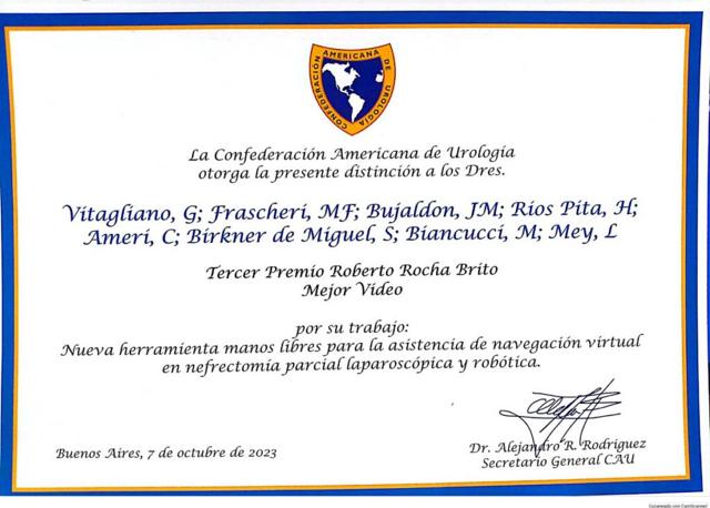 Tercer premio a mejor video de la Confederación Americana de Urología