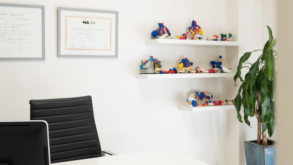 Sala de consulta de UMIBA: escritorio, sillón del director, diplomas y estantes con modelos anatómicos 3D.