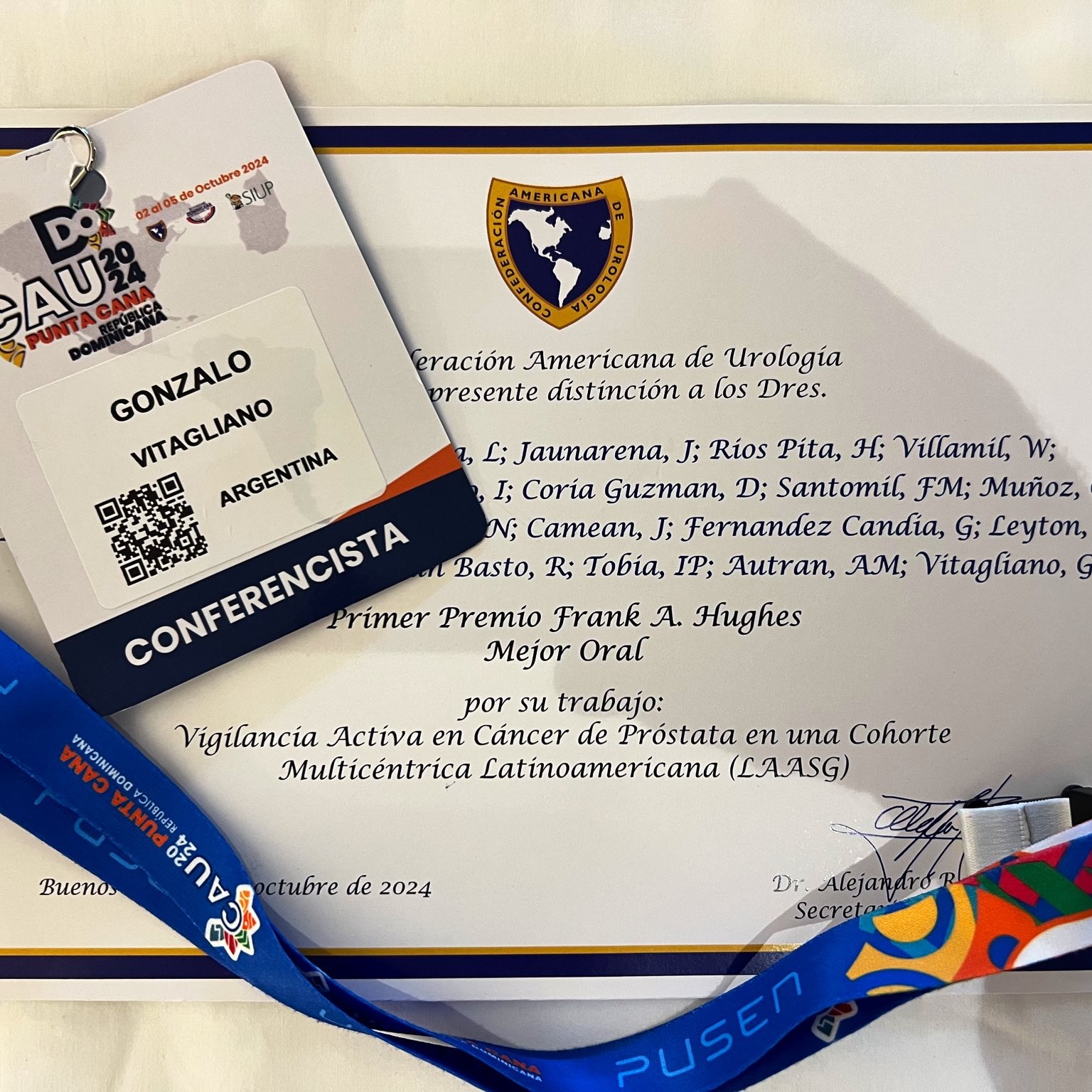 Certificado del Primer Premio Frank A. Hughes · CAU 2024 · Mejor Trabajo Oral · Vigilancia Activa en Cáncer de Próstata · Cohorte Multicéntrica Latinoamericana (LAASG)