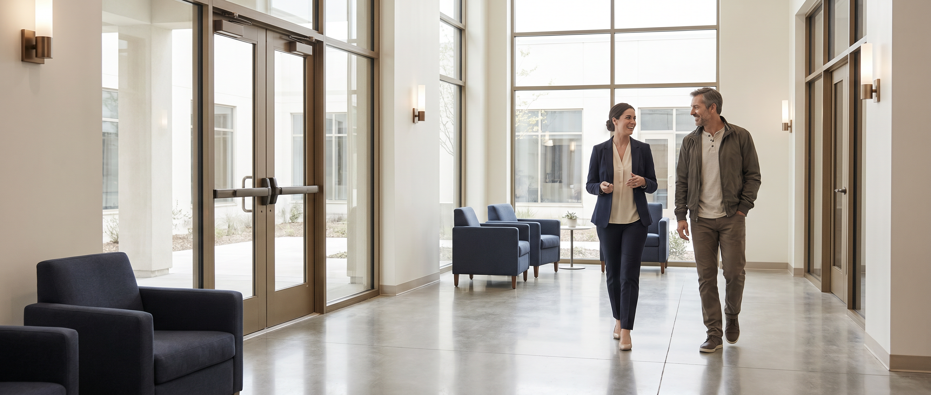 FOTO EDITORIAL · paciente e coordenador em lobby institucional · 5:2 cinematic · luz natural · paleta restrita · plano americano